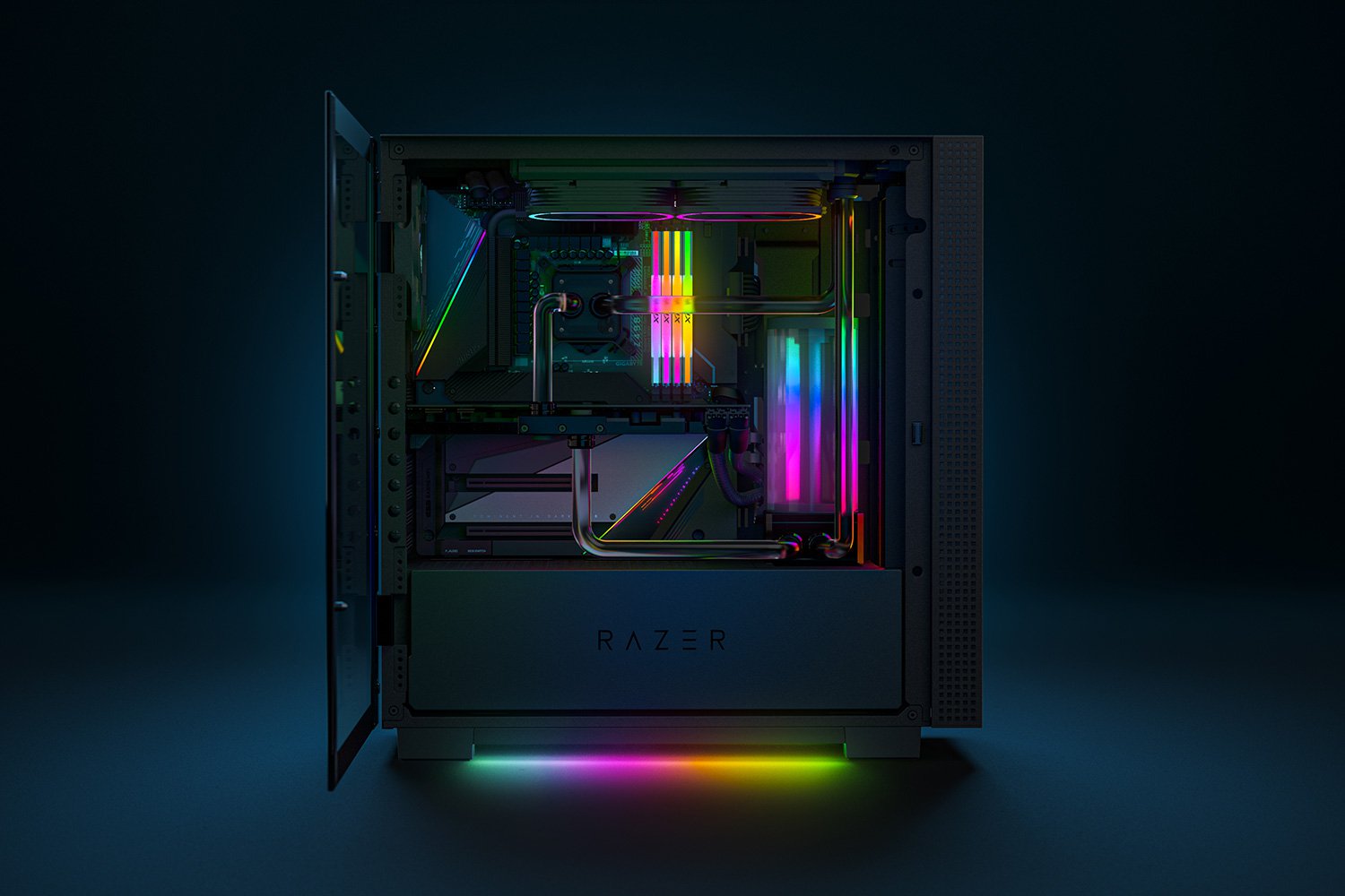 Vỏ Case Razer Tomahawk A1 ATX Chassis (Mid Tower/Màu Đen) hỗ trợ RAZER CHROMA RGB, với dải led gầm với 16,8 triệu màu và rất nhiều hiệu ứng đi kèm, có thể đồng bộ với hơn 150 game nhằm tăng tính trải nghiệm mỗi khi chơi game